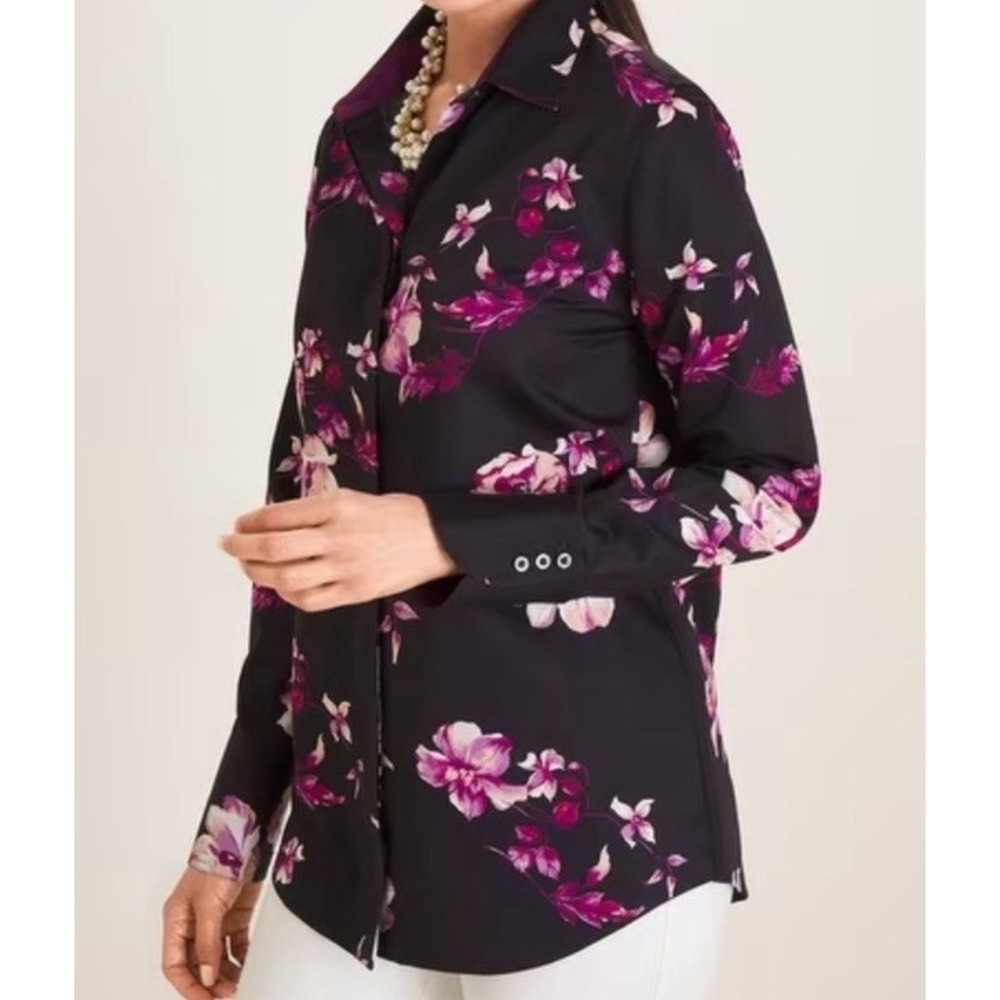 Chico's No Iron Black Purple Floral Long Sleeve Button Up Shirt Size 12/14